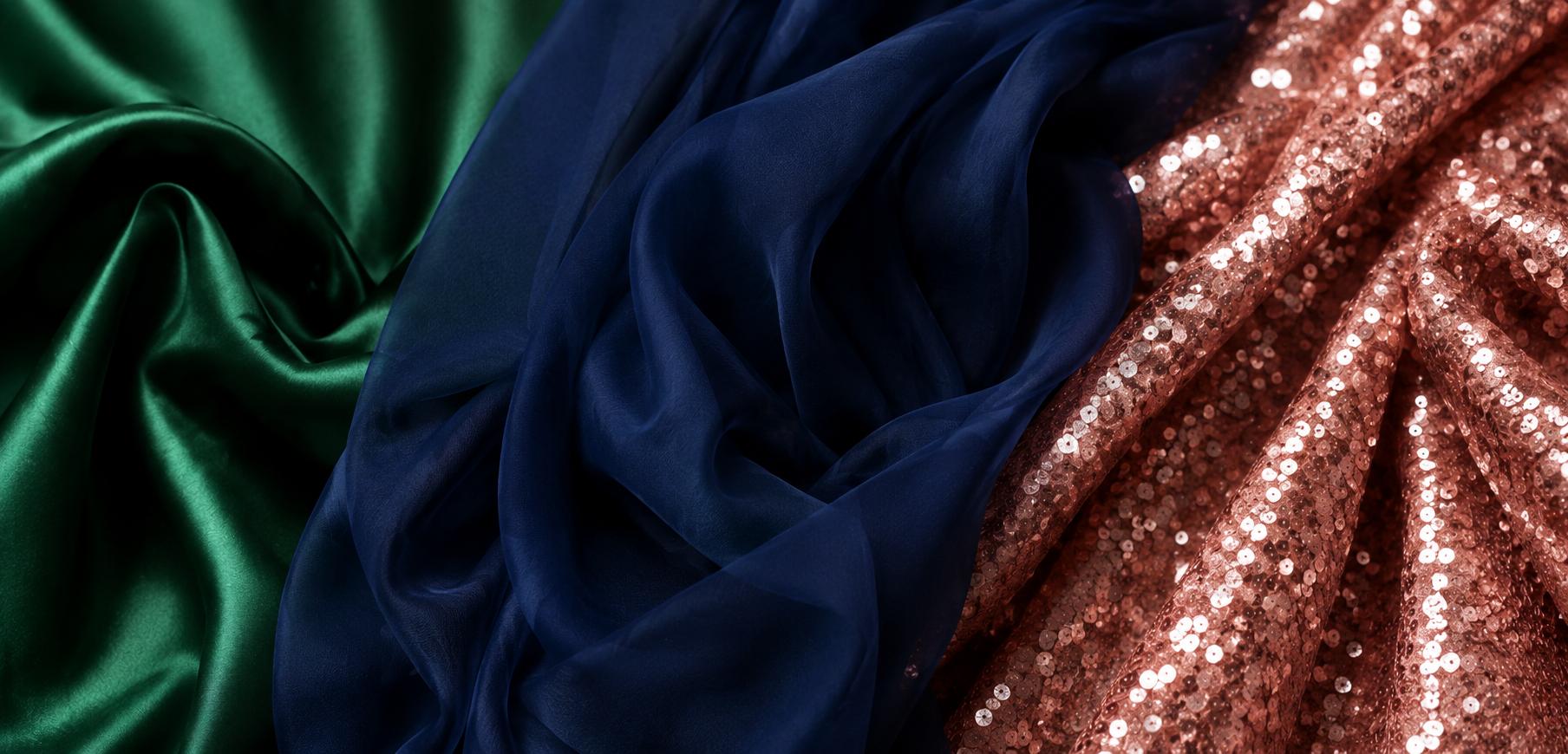 Sparkling sequin and emerald satin prom fabric