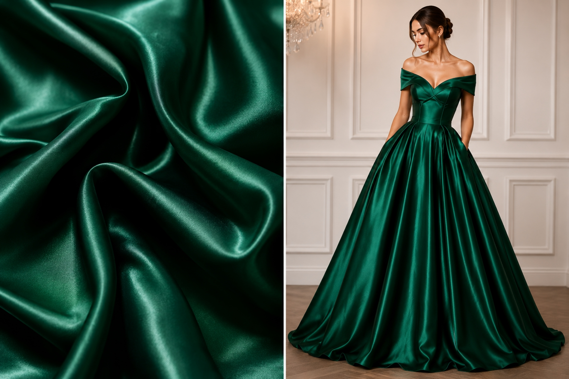Emerald satin prom gown shown beside its fabric swatch