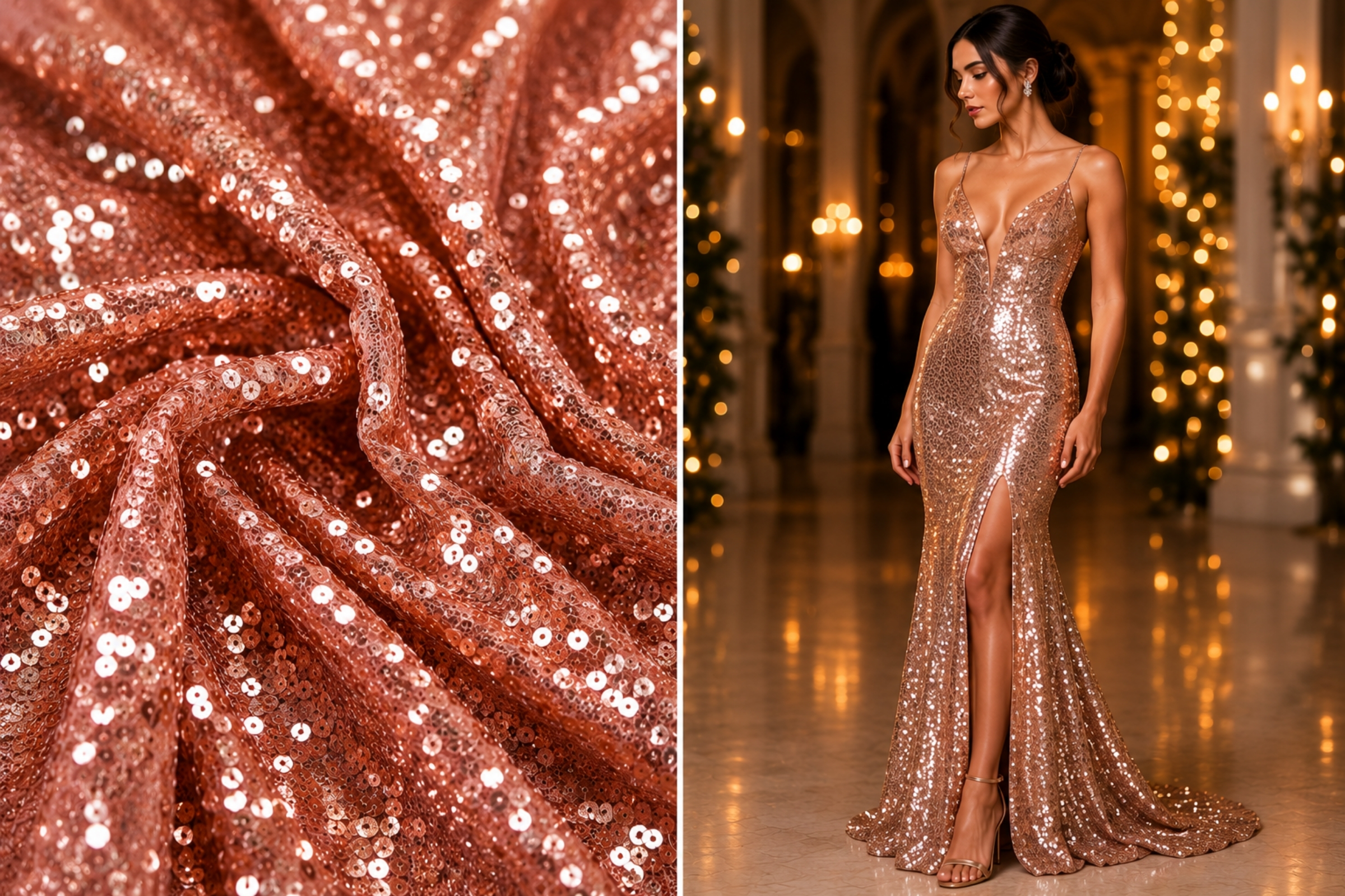 Rose gold sequin prom gown shown beside its fabric swatch