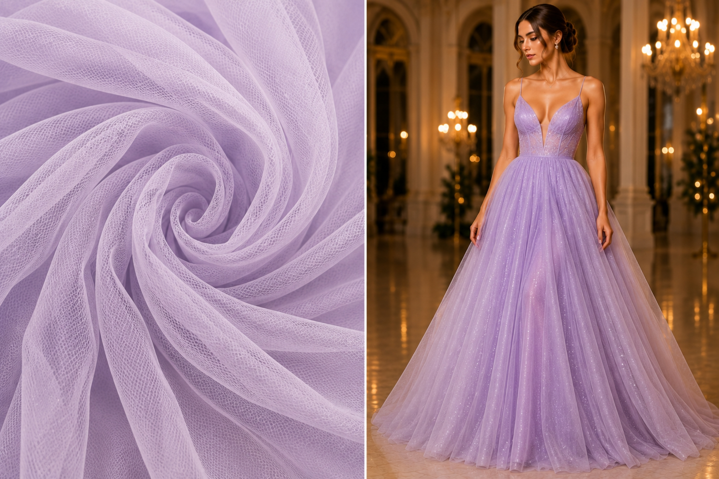 Pink tulle ball gown with volume shown beside its fabric swatch