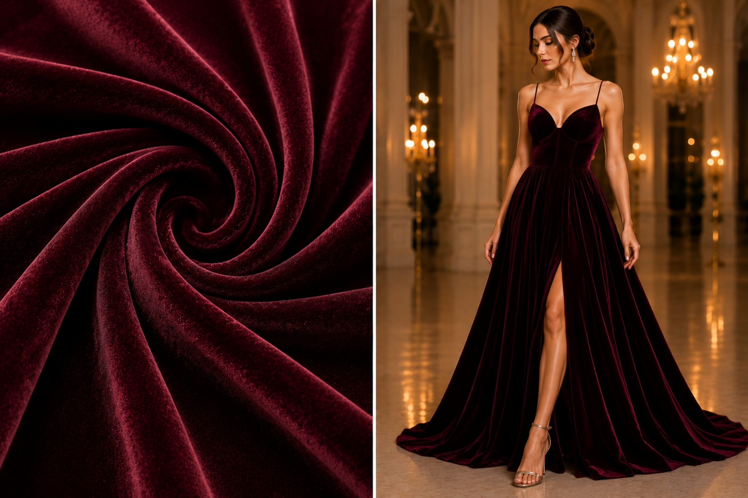Deep burgundy velvet prom gown shown beside its fabric swatch