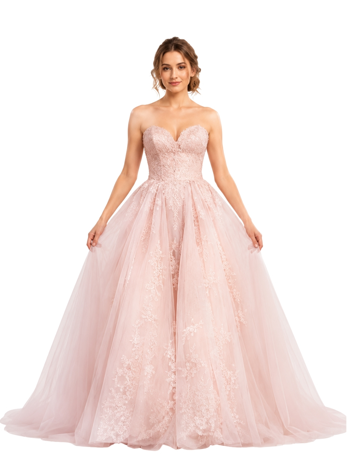 Blush romantic lace prom dress