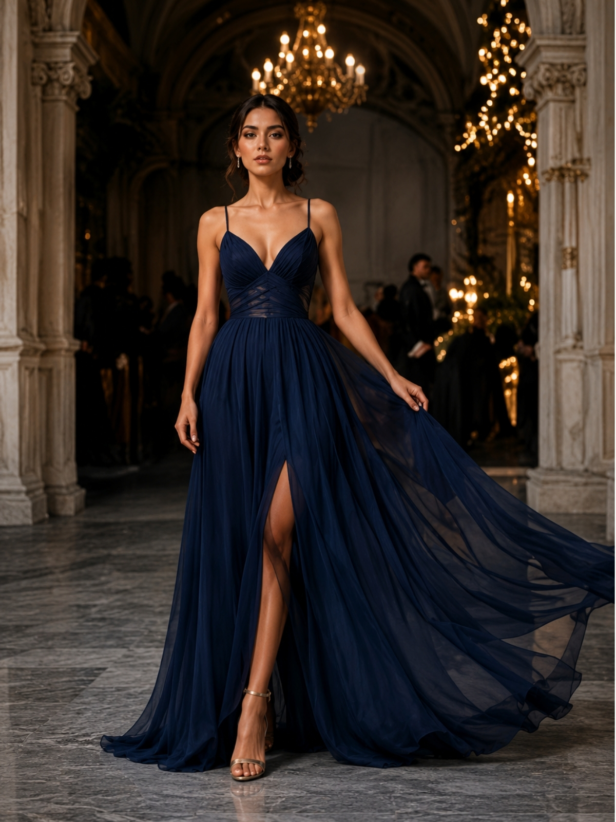 Navy chiffon prom dress with flowing skirt