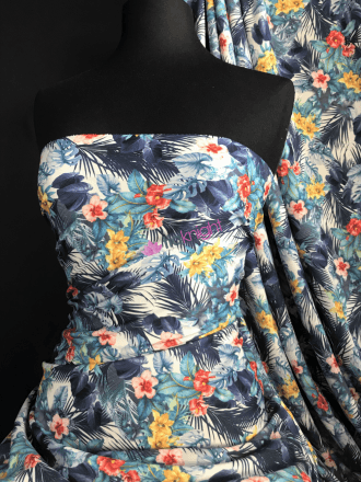 1.5 METRES Scuba Stretchy Poly Lycra Fabric- Tropicana Navy/Multi SCB209 NYMLT