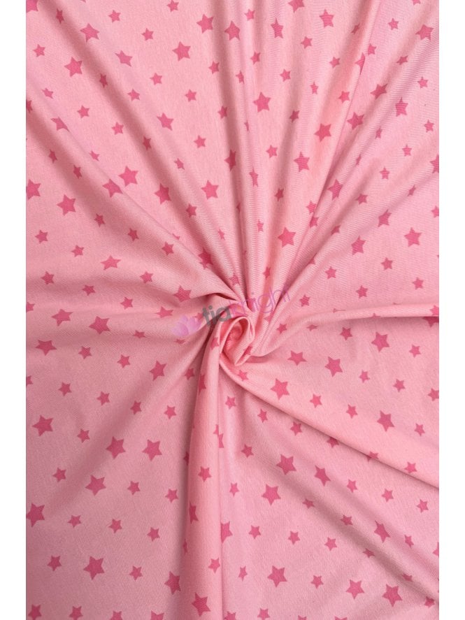 10 METRES Cotton Lycra Jersey 4 Way Stretch Fabric- Light Pink Stars SQ725 LTPN