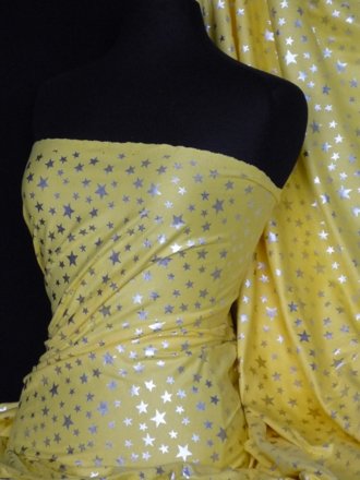 100% Cotton Interlock Knit Soft Jersey T-Shirt Fabric- Silver Stars On Yellow Q838 YL