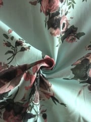100% Cotton Woven Non-Stretch Fabric- Roses Mint/Pink SQ131 MNTPN