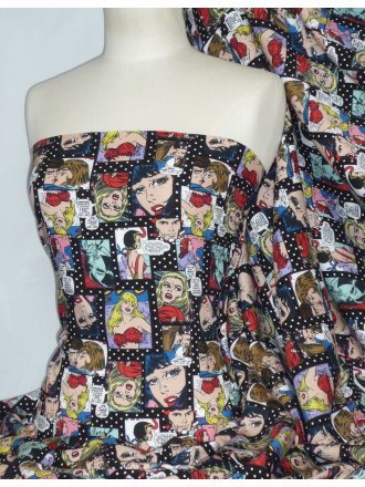 100% Viscose Light Weight Sheer Fabric- 1950's Comic Strip PPVSC34 BK