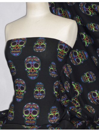 100% Viscose Light Weight Sheer Fabric- Neon Skulls PPVSC33 BK