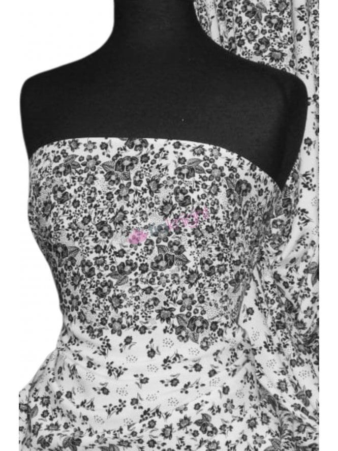 100% Viscose Light Weight Sheer Woven Material- Black/White Floral VSC237 BKWH