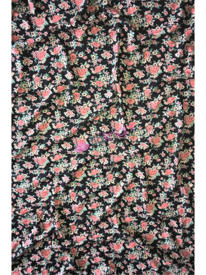 100% Viscose Light-Weight Woven Material- Black/Coral Bouquets SQ560 BKMLT