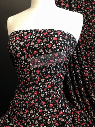 100% Viscose Light Weight Woven Material- Black/Red Ditsy Florals VSC249 BKRD