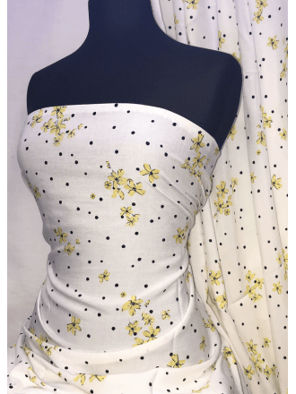 100% Viscose Light Weight Woven Material- Polka Dot Buttercups SQ333 IVYLBK