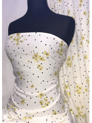 100% Viscose Light Weight Woven Material- Polka Dot Buttercups SQ333 IVYLBK