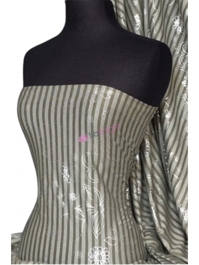 100% Viscose Silver Foil Dressmaking Fabric- Olive Stripe Q760 OLV