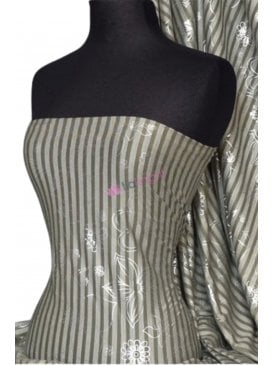 100% Viscose Silver Foil Dressmaking Fabric- Olive Stripe Q760 OLV