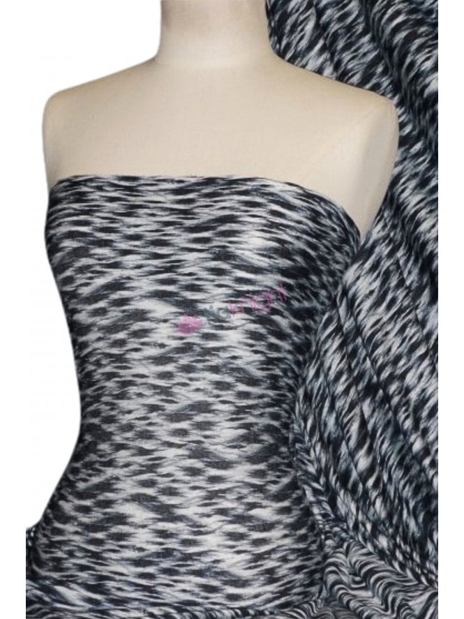100% Viscose Stretch Fabric- Black/Grey Abstract Q1387 BKGRWHT