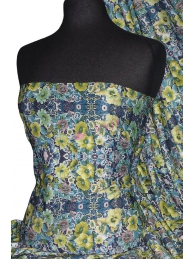 100% Viscose Stretch Fabric- Blue/Lime Green Vintage Floral Q1331 BLLM