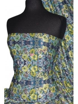100% Viscose Stretch Fabric- Blue/Lime Green Vintage Floral Q1331 BLLM