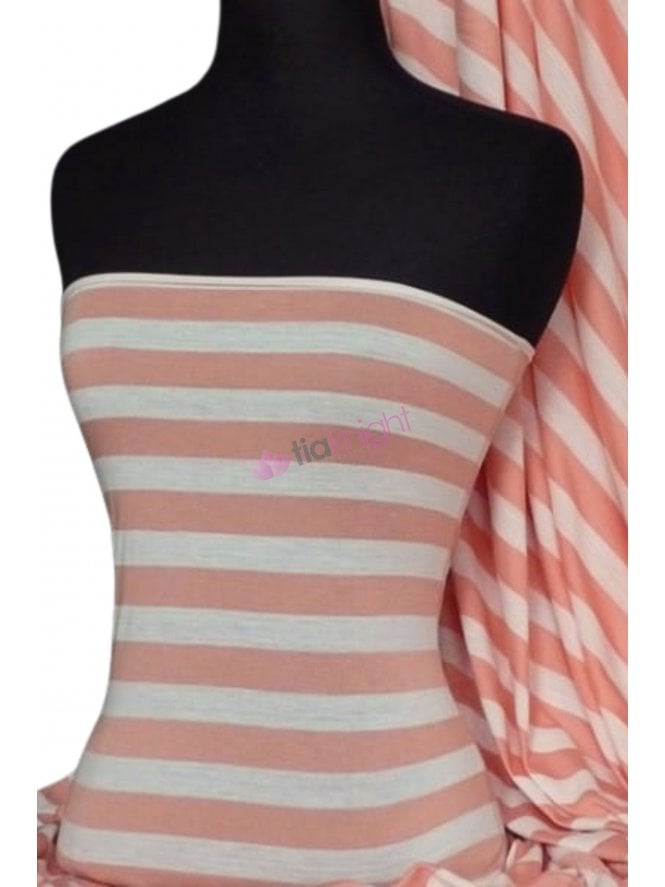 100% Viscose Stretch Fabric Material- Horizontal Stripe Peach/ Cream Q497 PCHCRM