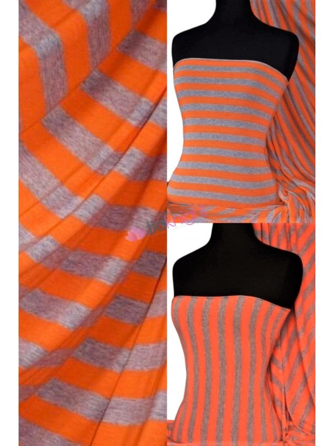 100% Viscose Stretch Fabric Material- Stripe Grey/Orange Q305 GYOR