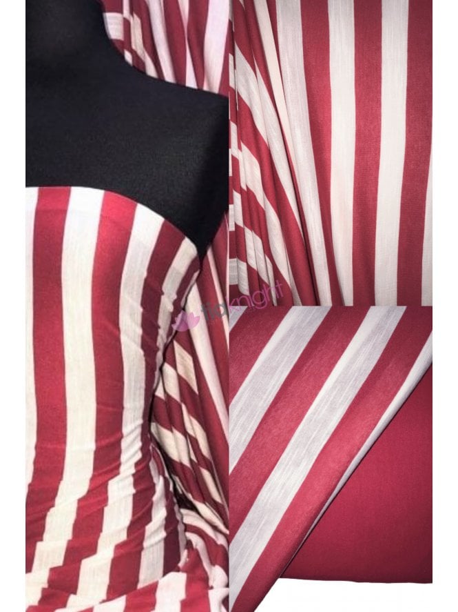 100% Viscose Stretch Fabric Material- Vertical Stripe Red/Ivory SQ289 RDIV