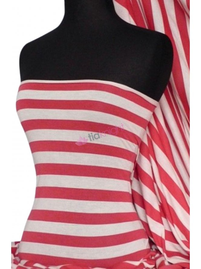 100% Viscose Stretch Fabric- Stripe Red/Cream Q616 RDCRM