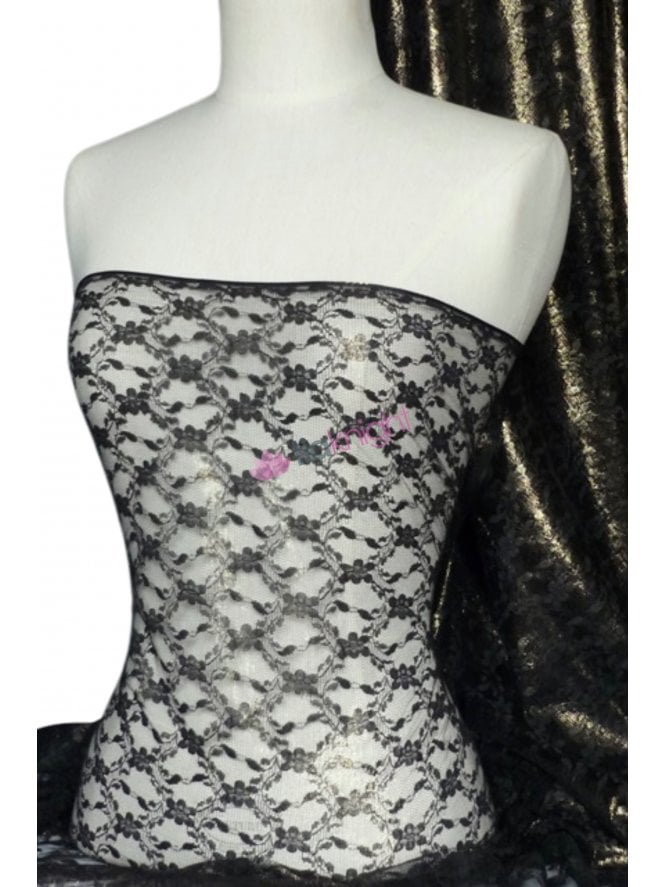 12.5 METRES Foil Antique Lightweight Lace Fabric- Black/Gold SQ840 BKGD