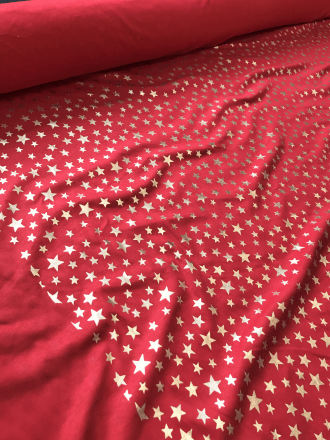 13 METRES Clearance Soft Fine Rib 100% Cotton Knit Fabric Job Lot Bolt- Silver Stars on Red JBL94 RD