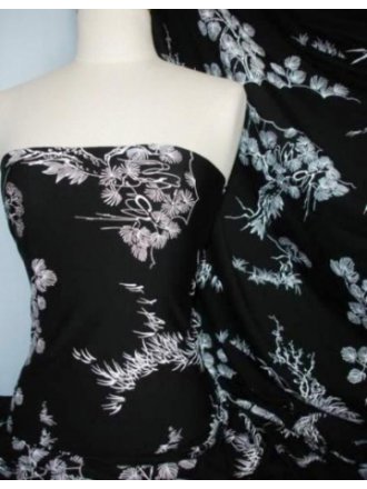 3 METRES Viscose Cotton Stretch Lycra Fabric- Black/ White Japanese Garden Q1153 BKWHT