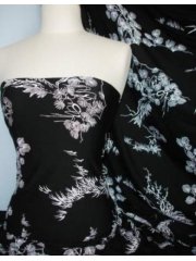 3 METRES Viscose Cotton Stretch Lycra Fabric- Black/ White Japanese Garden Q1153 BKWHT