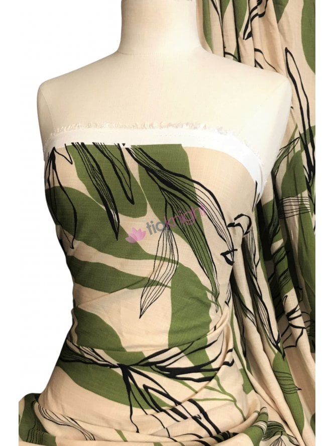 9.5 METRES Linen Medium Weight Printed Dress Fabric Material- Bamboo Stone/Green SQ438 STNGR