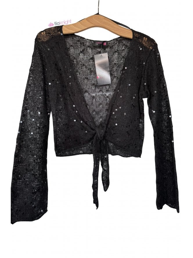 Acrylic Wool Sequin Wrap Front Tie Shrug Bolero Top- Black