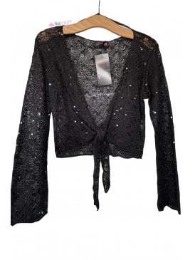 Acrylic Wool Sequin Wrap Front Tie Shrug Bolero Top- Black
