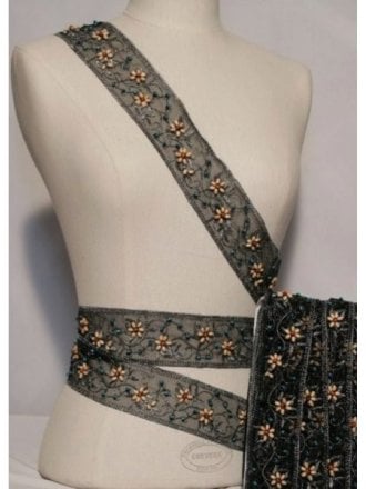 Beaded Flower Embellished Mesh Trimming- Black SY89 BK