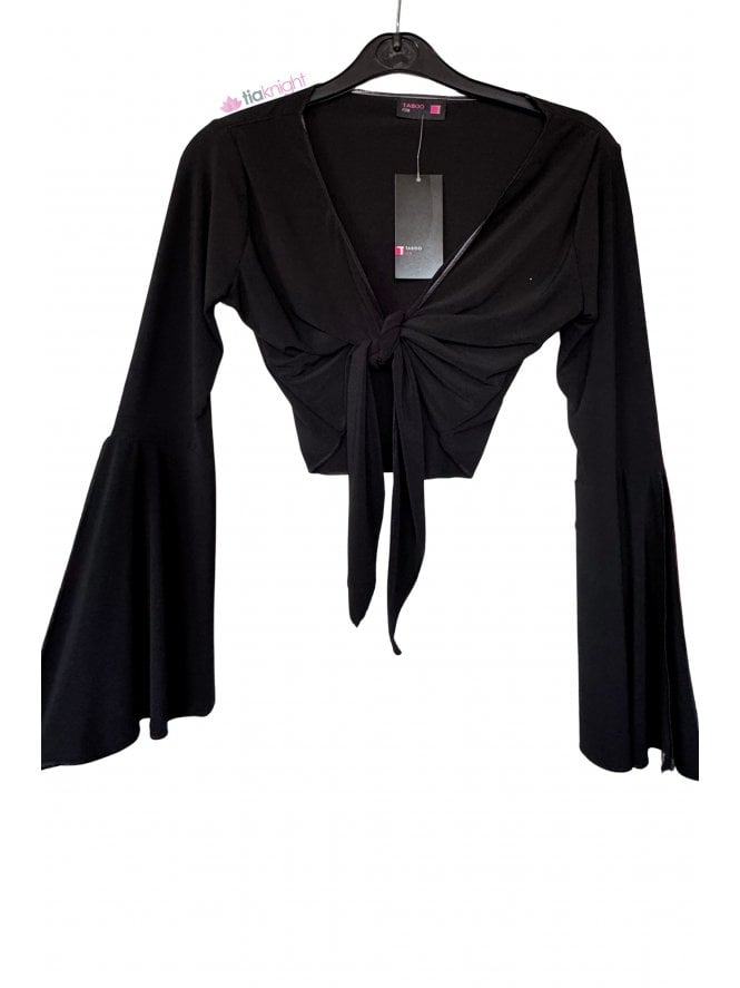 Bell Sleeve Wrap Front Tie Shrug Bolero Top- Black