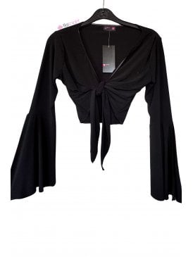 Bell Sleeve Wrap Front Tie Shrug Bolero Top- Black