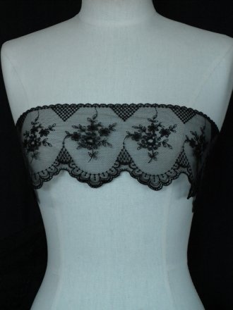 Black Floral Embroidered Scalloped Edged Wide Non-Stretch Net Trim