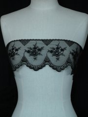 Black Floral Embroidered Scalloped Edged Wide Non-Stretch Net Trim
