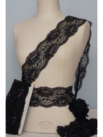 Black Hologram Sequin Scalloped Lace Trimming