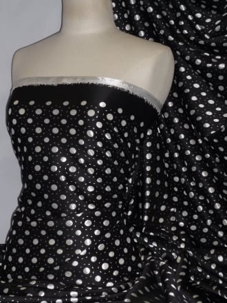 Bonded 2 Layer Satin Back Stretch Fabric Polka Dots Material- Black STN2L66 BKWH
