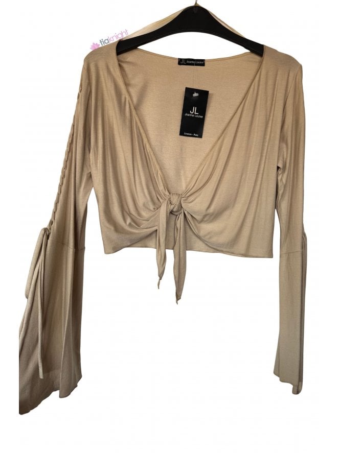 Braided Bell Sleeve Wrap Front Tie Shrug Bolero Top- Stone