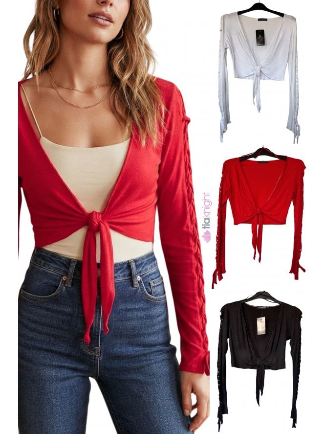Braided Long Sleeve Wrap Front Tie Shrug Bolero Top