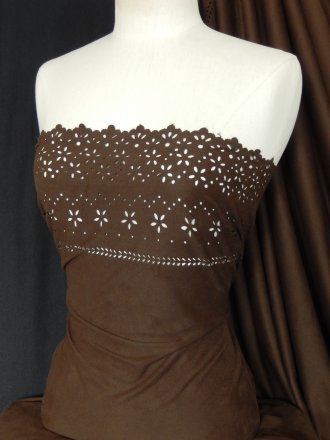 Brown Laser Cut Embroidered Suede Look Fabric Material