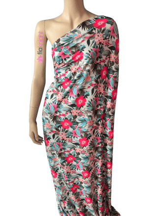Brushed Viscose Elastane Stretch Fabric- Floral Tropical SQ628 PNGRN