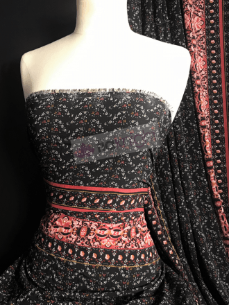 Bubble Crepe Woven Blouse/ Dress Fabric- Floral Utopia Black/Red SQ440 BKRD