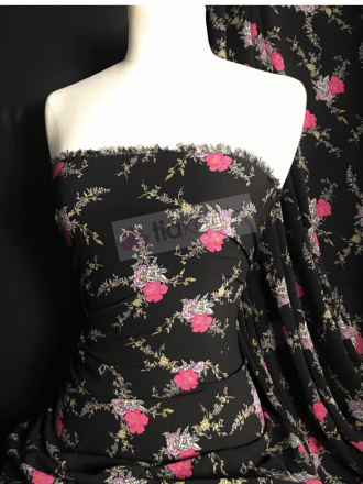 Bubble Crepe Woven Blouse/ Dress Fabric- Midnight Roses Black/Pink SQ441 BKPN