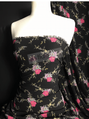Bubble Crepe Woven Blouse/ Dress Fabric- Midnight Roses Black/Pink SQ441 BKPN