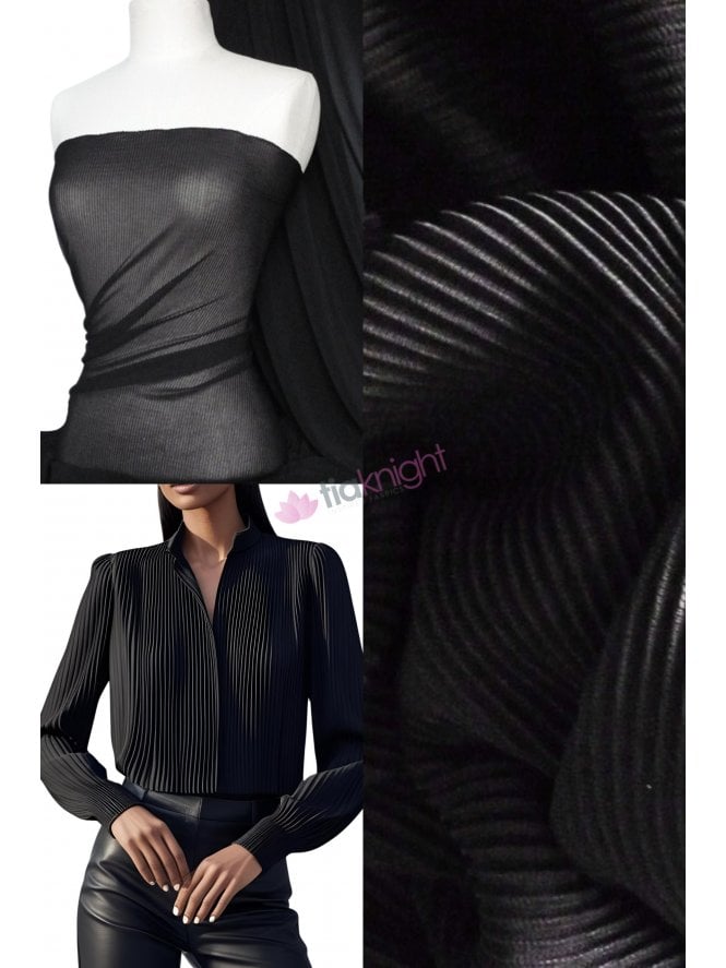 Chiffon Pleated Sheer Material- Black Q621 BK