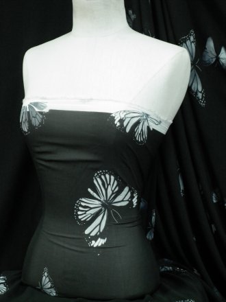 Chiffon Soft Touch Sheer Fabric - Black/Grey/White Butterfly Q1366 BKGRWHT